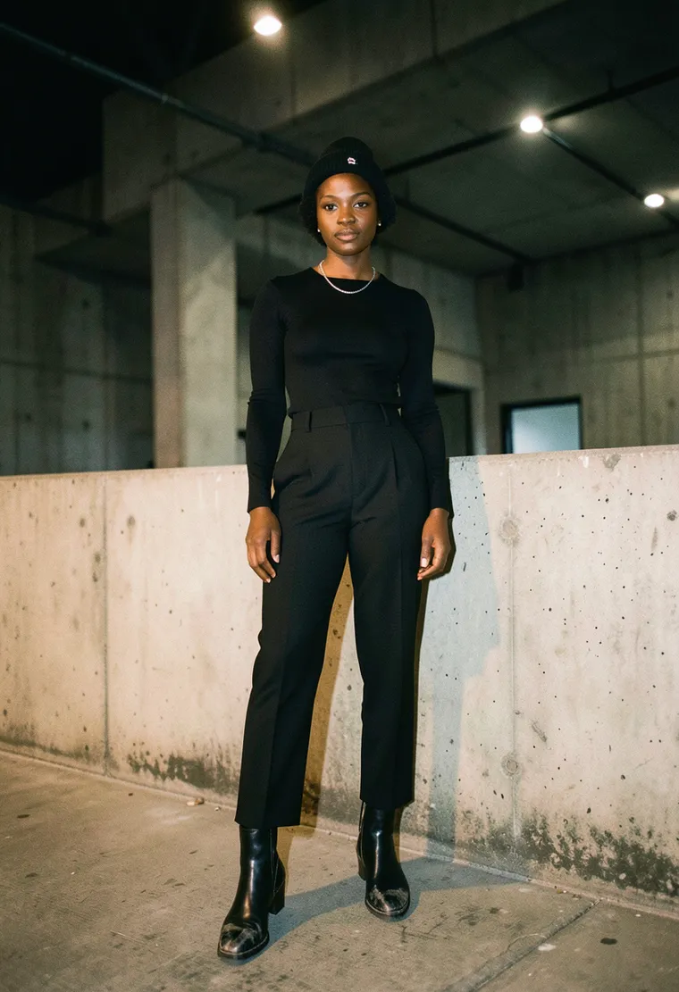 34-year-old Black queer woman, androgynous energy, been in Berlin techno scene 8 years, moves with ease, no performance in her stride