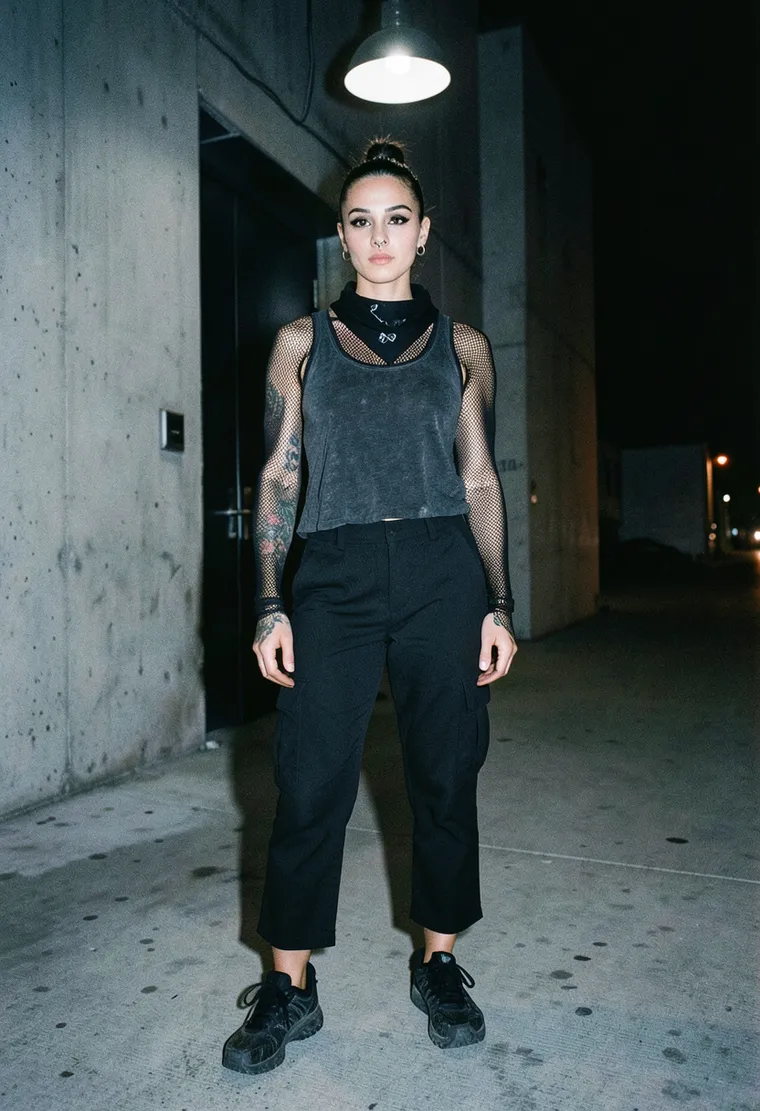 34-year-old Turkish-German trans woman, wiry build, shaved sides with a long dark top knot, the calm dead-eyed stillness of someone who's been raving since 2009