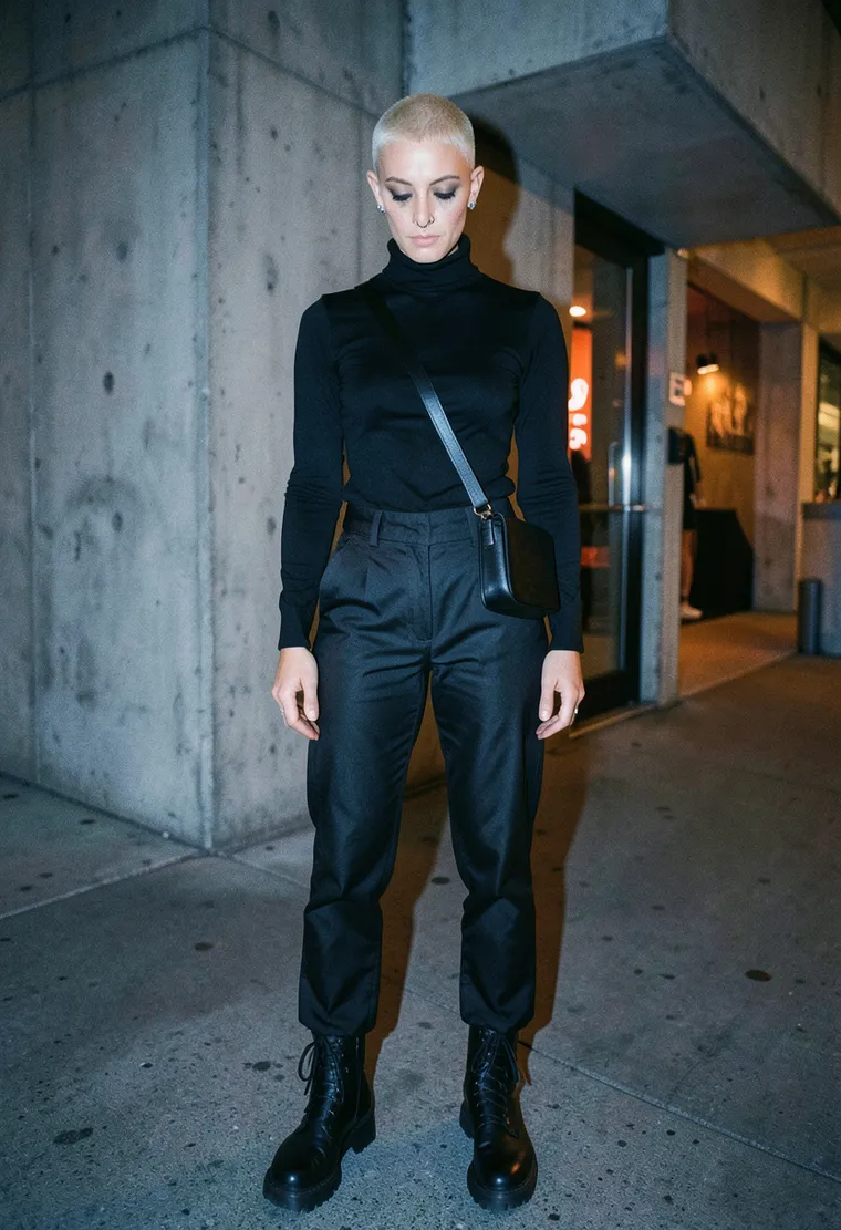 34-year-old queer Polish woman, close-cropped bleached hair, multiple ear piercings, lean and angular, gives off the energy of someone who has been going to raves since she was 19 and has nothing to prove
