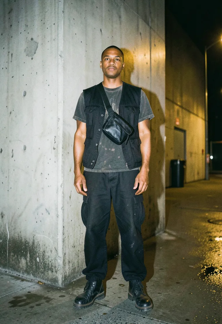 Yasin, 34, Afro-German queer techno minimalist; radiates calm, effortless Berlin-resident energy, looking like he's here for a 12-hour session, not a photoshoot.
