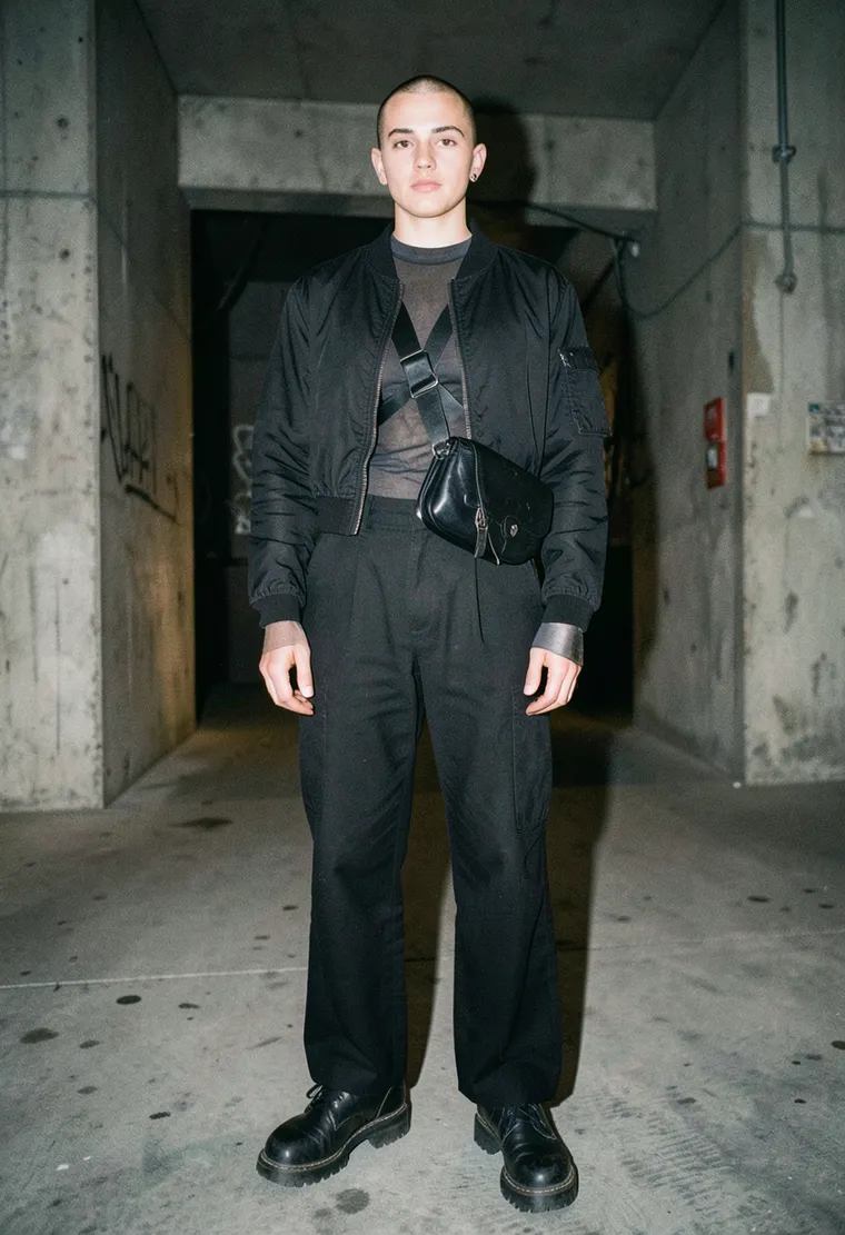 32-year-old Turkish-German nonbinary person, shaved head, calm queer techno-regular energy, looks like they came alone and know exactly where they are going