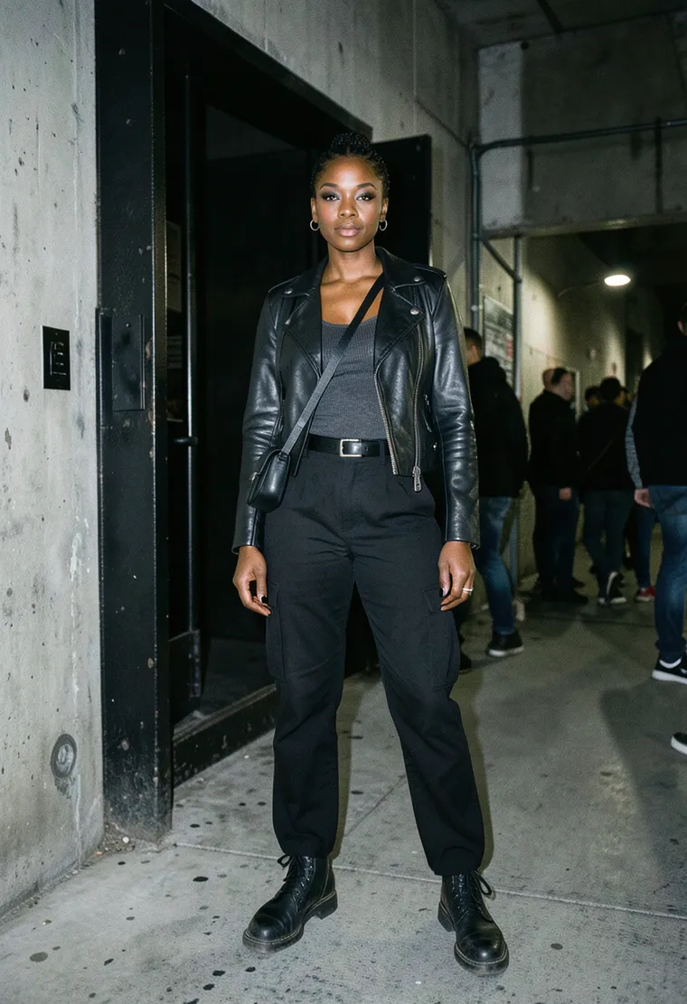 34-year-old queer Black woman from Neukölln, lean and self-possessed, slight industrial-techno edge, looks like she has a reason to be there and zero interest in performing for anyone