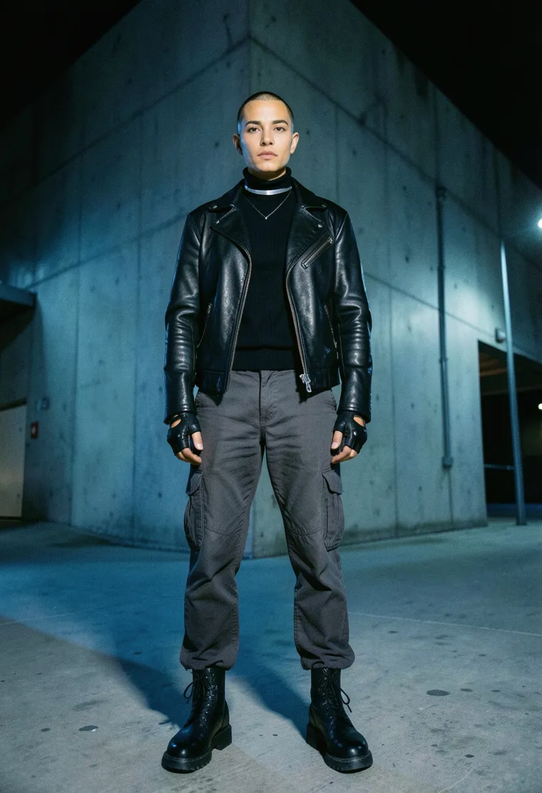 32-year-old non-binary Russian-Turkish raver with a minimalist punk edge