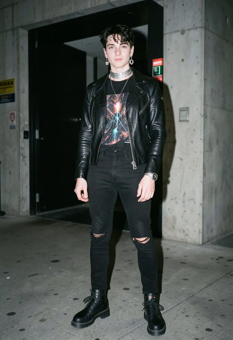 A 32-year-old white non-binary techno DJ, with piercings and a taste for industrial fashion.