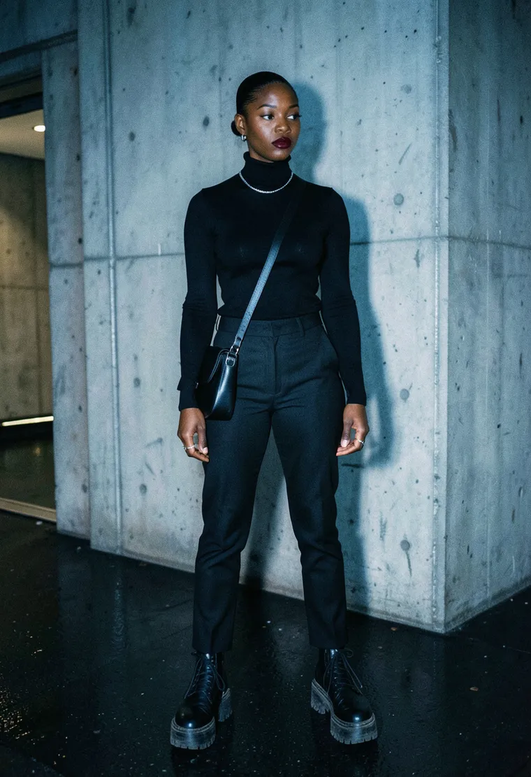 34-year-old Black woman, industrial techno regular, sharp androgynous energy, been going to Berghain since 2016, moves through the door like she owns the place