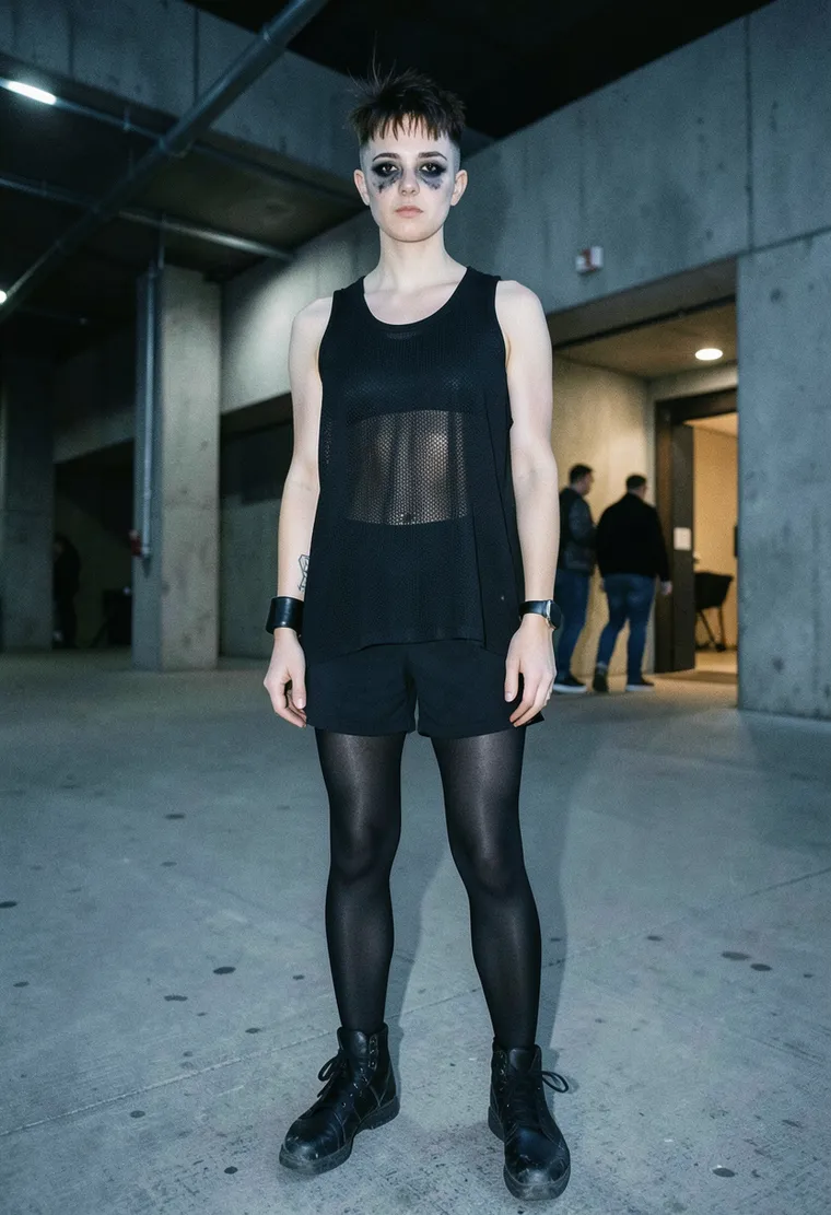 32-year-old queer Polish woman, lean and sharp-jawed, shaved sides with a messy dark crop on top, the kind of person who looks like she's already been dancing for six hours and just stepped out for air