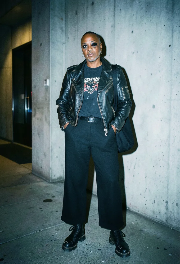 47-year-old Black trans woman, ex-industrial scene veteran from Detroit who's been raving since the Tresor basement days, quiet intense energy