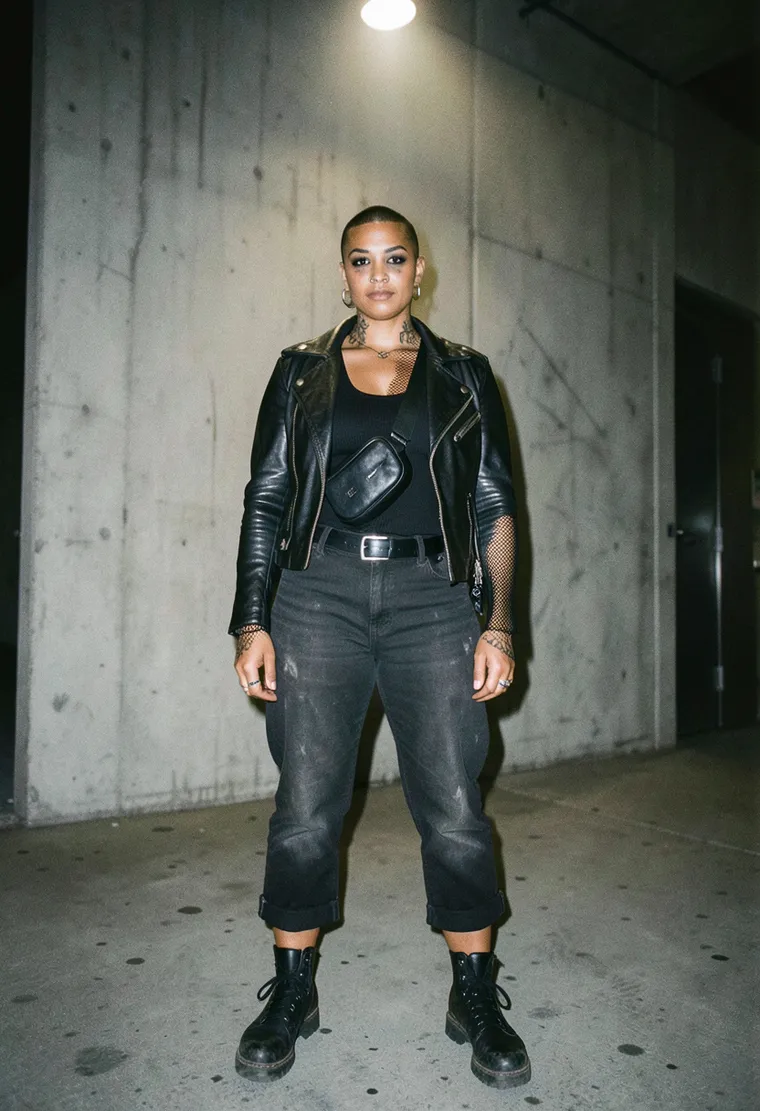 37-year-old butch lesbian, Afro-German, shaved sides with a dark fade on top, weathered tattoos on neck and knuckles, quiet resting-bitch-face energy of someone who's been raving since the Ostgut days