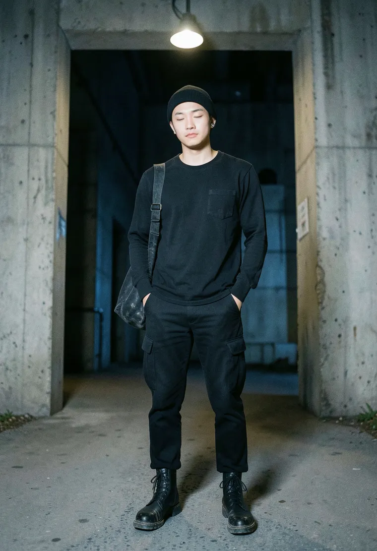 34-year-old non-binary East Asian techno head, lean, quiet intensity, looks half-asleep and totally unbothered