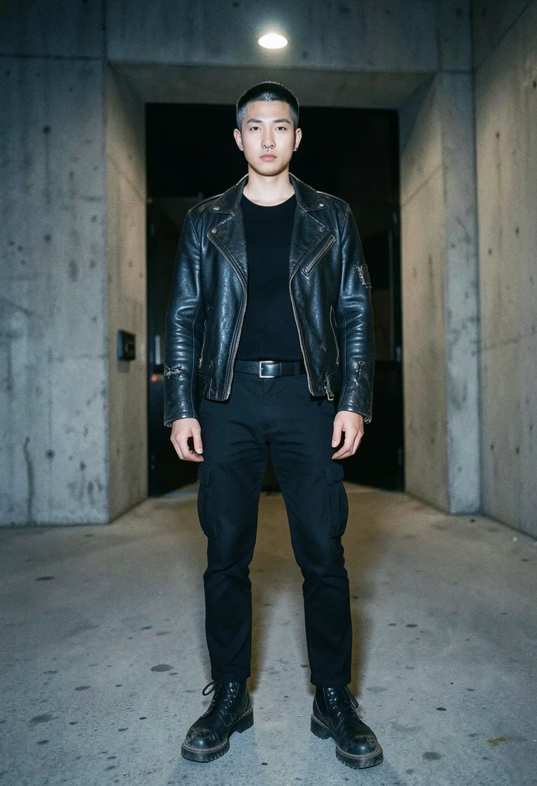 34-year-old non-binary Korean-German techno head, lean, quiet intensity, looks bored in the best way