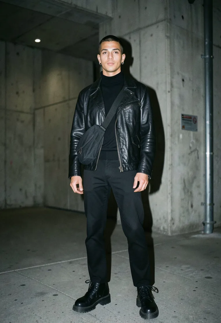 28-year-old mixed-race non-binary person, lean build, subtle undercut, quiet intensity of a sound engineer who actually knows Rødhåd personally