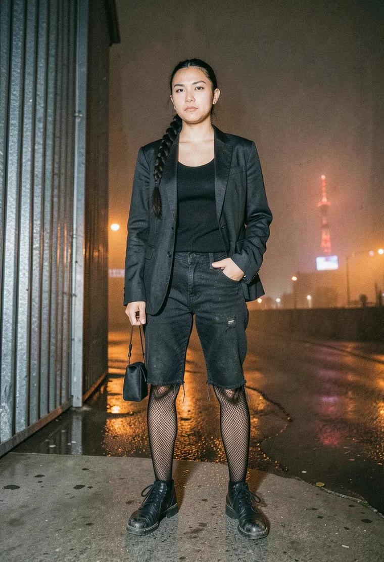 28, non-binary, of mixed Southeast Asian and German descent, with a shaved side and long dark braid, wearing a permanent scowl of serene judgment, an industrial designer from Neukölln who's been going to Berghain since 2016.