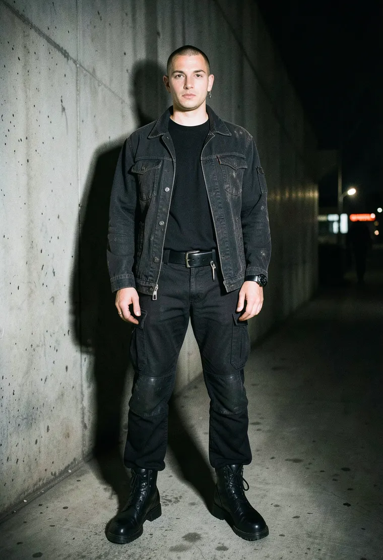 32-year-old queer industrial tech head with shaved sides and a black band tee under a worn black technical jacket, carrying a minimalist black utility belt, exuding calm confidence and a deep knowledge of the underground scene