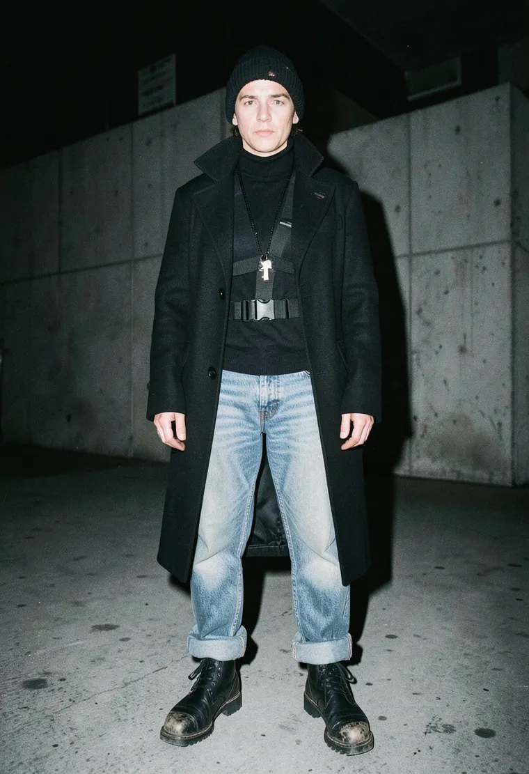 35-year-old queer non-binary techno purist, East German heritage, subdued but intense presence, moves with a dancer's economy