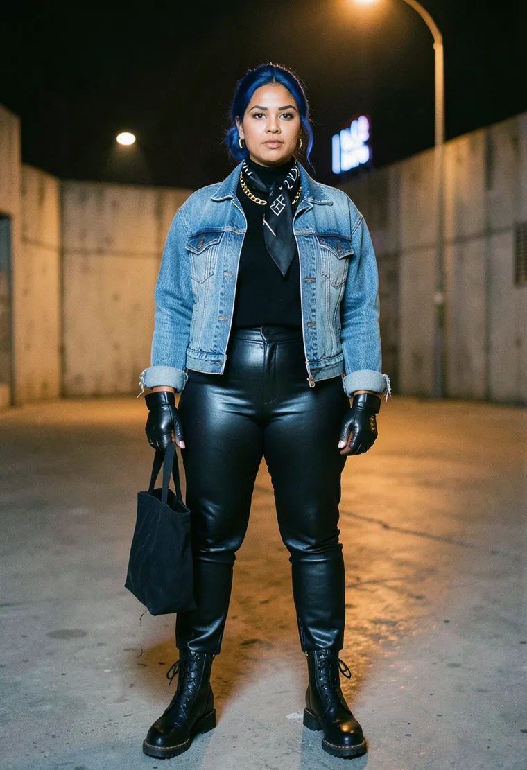 32-year-old queer cis woman, Latinx, curvy but athletic build, dyed indigo hair in a messy low bun, determined yet warm energy, shoulders back but not stiff