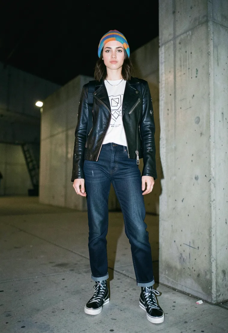 A confident 32-year-old queer woman with a touch of punk rock edge, radiating an air of understated elegance amidst the techno scene.