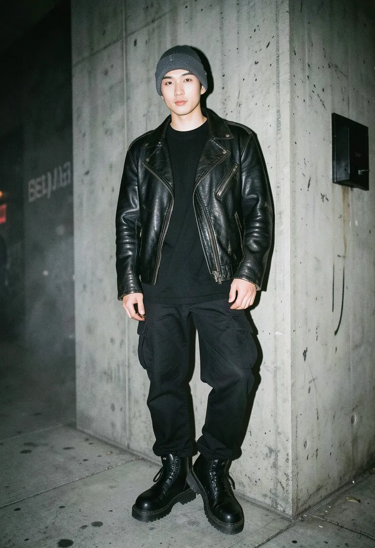 28-year-old Korean male techno producer, natural presence, calm and grounded energy, slightly aloof but approachable