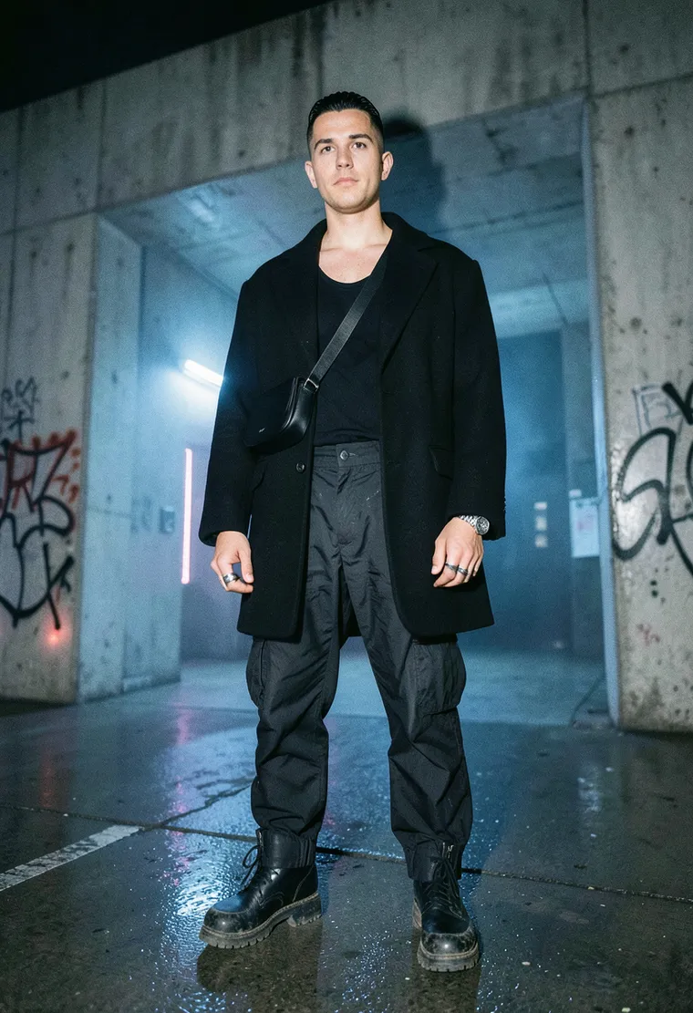 35-year-old Turkish-German queer techno producer with sharp cheekbones and tired-but-focused eyes