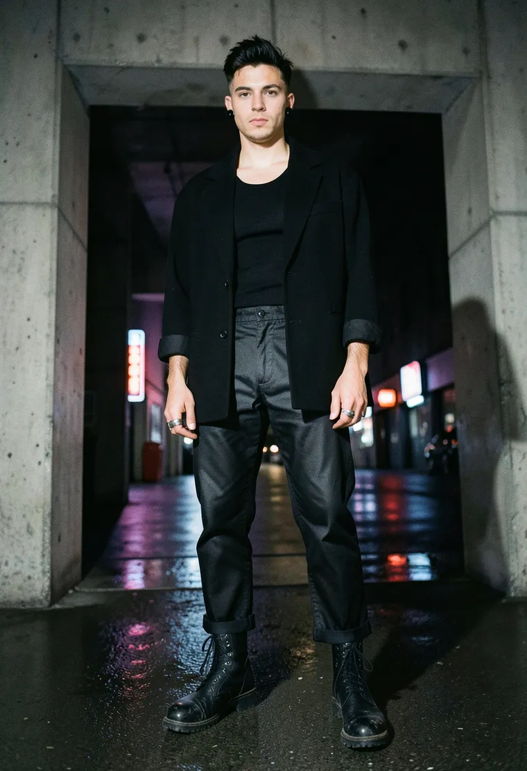32-year-old non-binary Berlin-based techno producer, mixed European descent, calm focused energy with subtle queer edge
