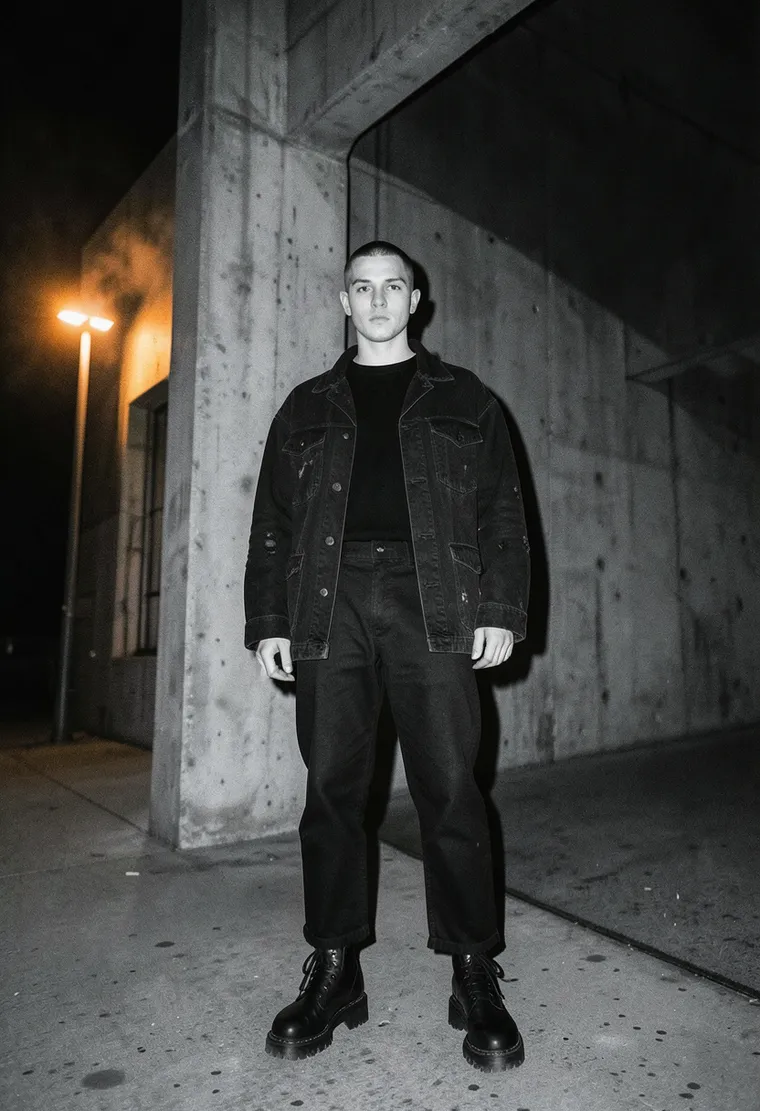 A 32-year-old non-binary person, sharp angular features, radiating quiet, focused intensity.