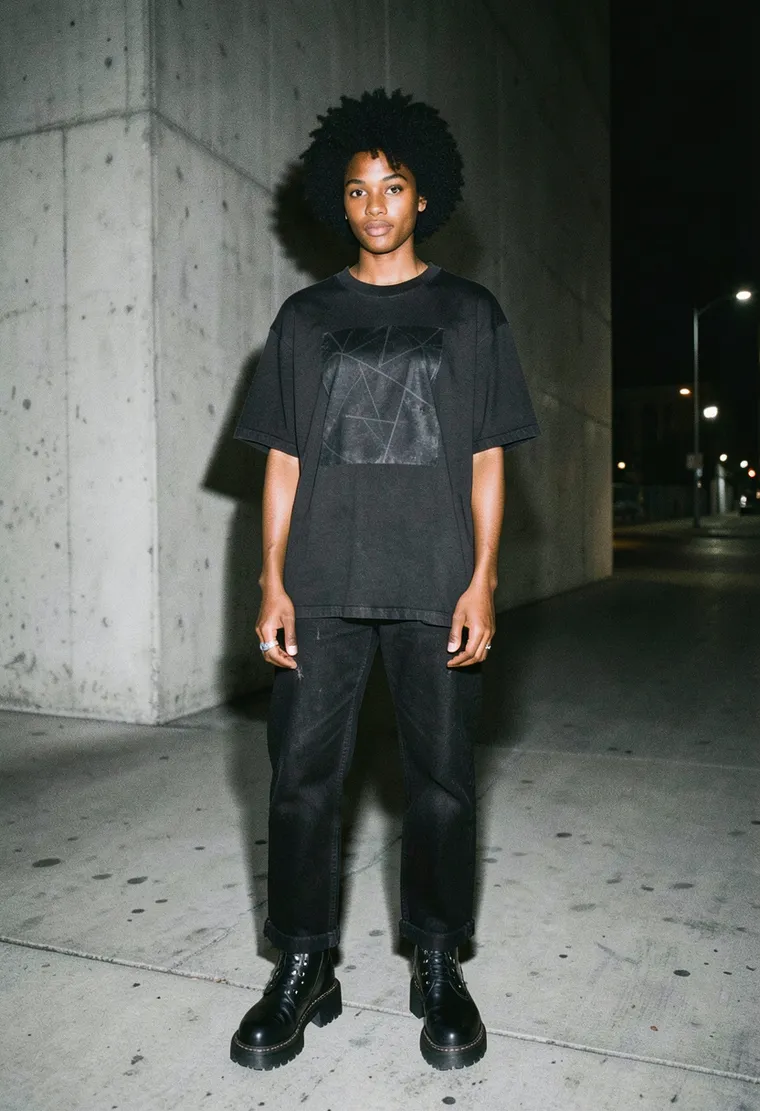 A 28-year-old non-binary person of color, radiating quiet confidence and an understated artistic vibe.