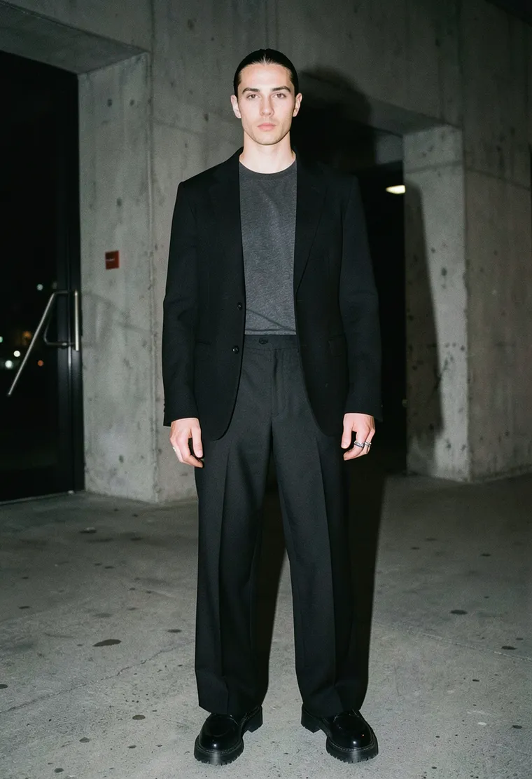 A 30-year-old non-binary artist, ethnically ambiguous with striking, angular features, radiating a quiet, confident intensity and an understated, cerebral aura.
