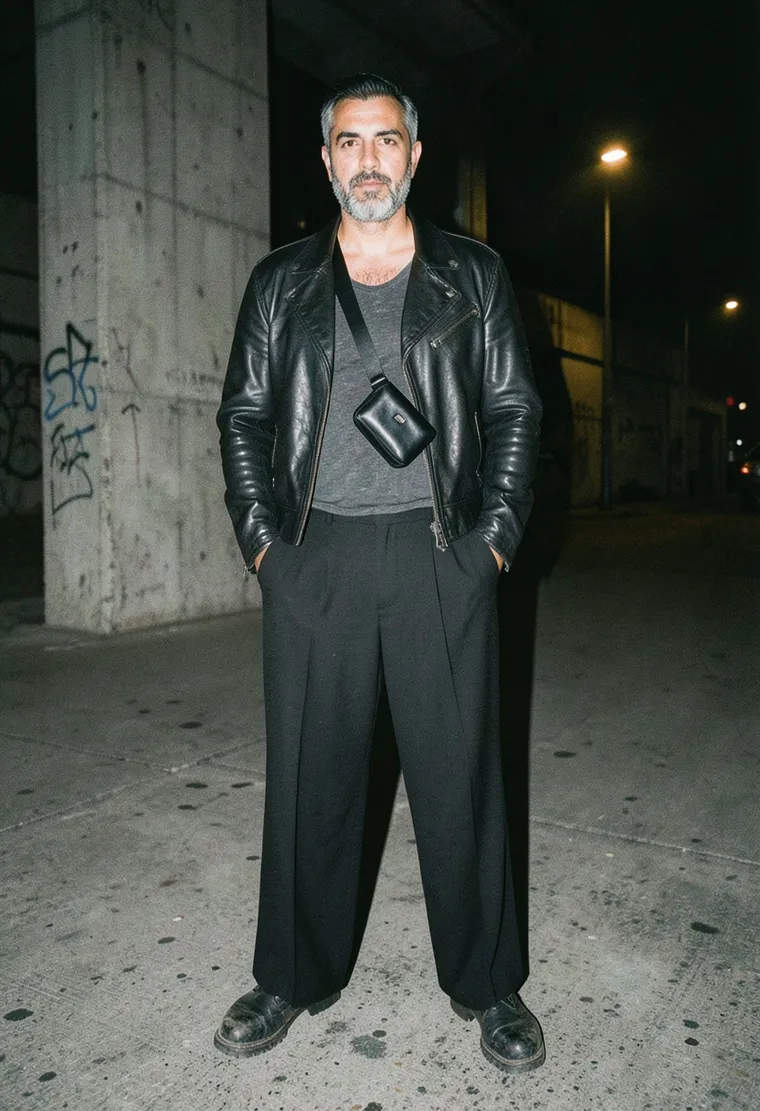 42-year-old Levantine queer man, silvering beard, exuding the calm, weathered 'I've been going since the Ostgut days' energy.