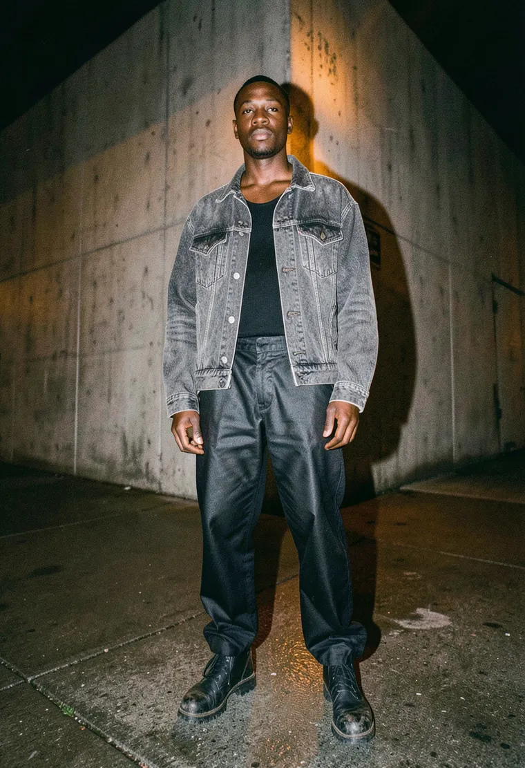 A 28-year-old queer Black man, local modular synth enthusiast, radiating a calm, ultra-focused post-punk intensity.