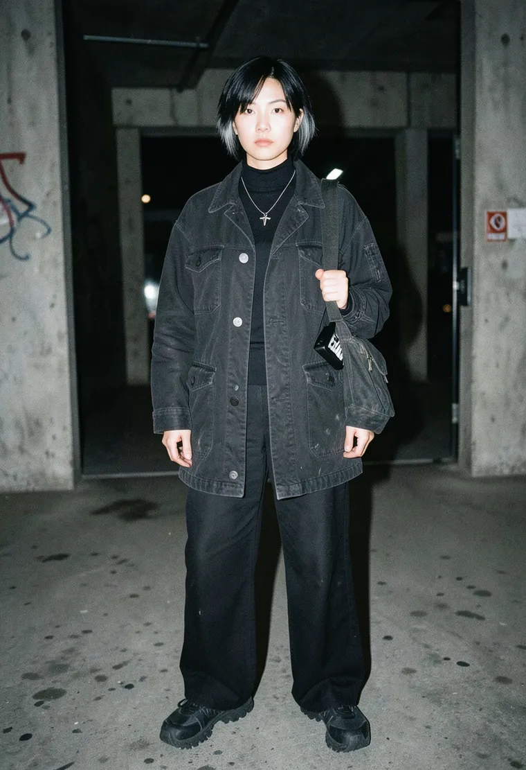 A 32-year-old Korean-German woman, leaning industrial/experimental electronic music producer, radiating quiet intensity but not aloofness.