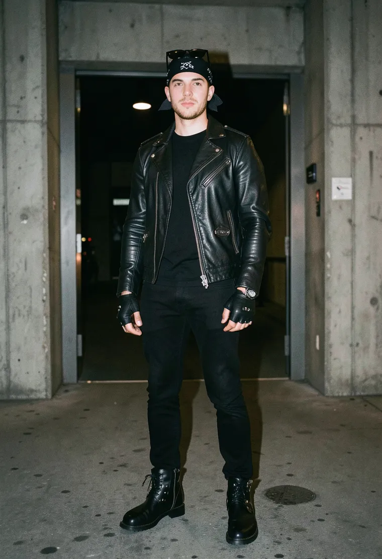 28-year-old queer techno enthusiast, black hair in a messy bob, wearing all-black leather jacket, black skinny jeans, black ankle boots, black bandana tied around forehead