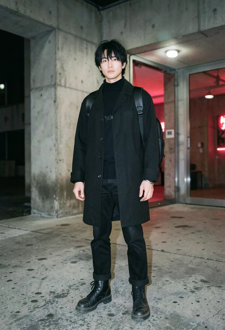 29-year-old non-binary mixed Japanese-German sound designer from Neukölln, dark hair in a messy curtain cut, sharp features, calm and unreadable expression — the energy of someone who was here last Saturday and will be back next