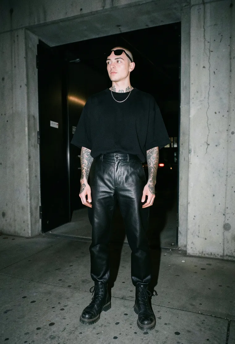 A 32-year-old non-binary Iranian-German techno enthusiast with a shaved head and a collection of intricate tattoos on their arms, embodying a calm, avant-garde energy.