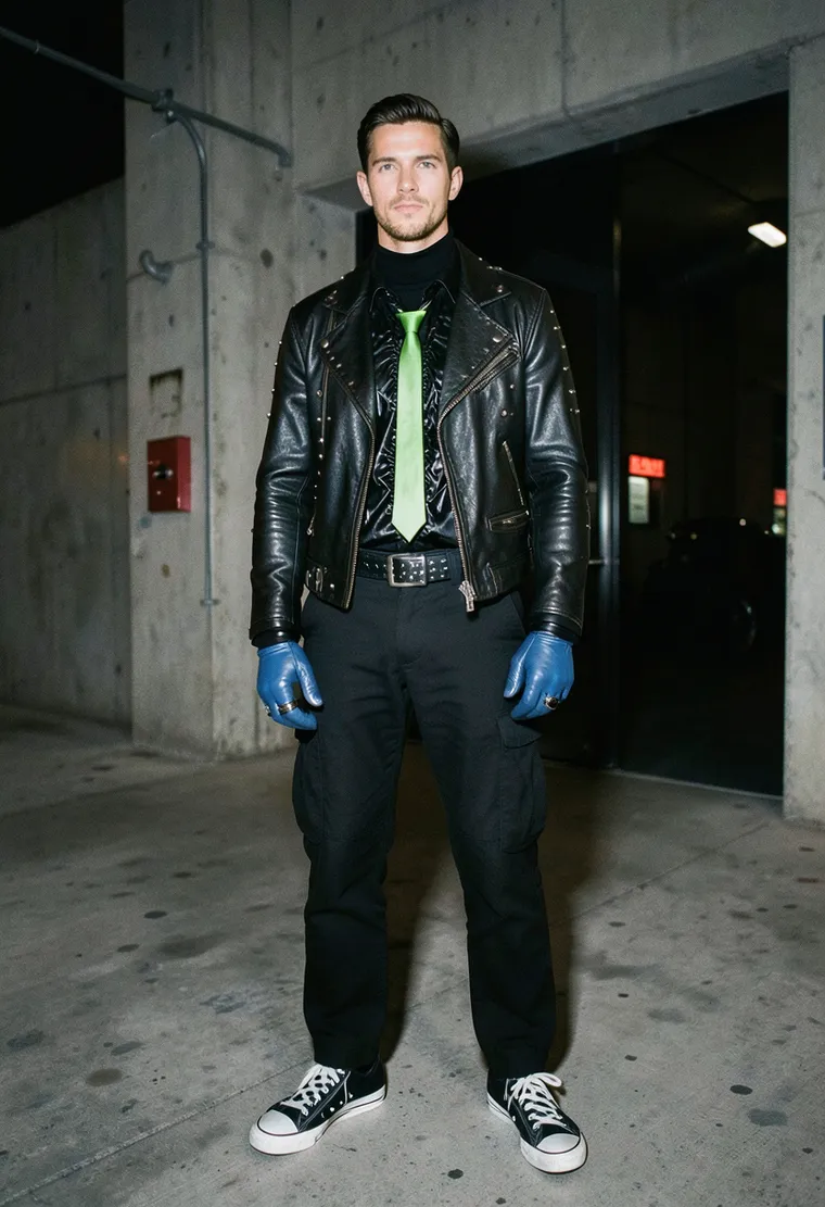 Techno head, mid-30s, industrial vibe, tall, slim, confident, wears custom-made black and metallic accessories.
