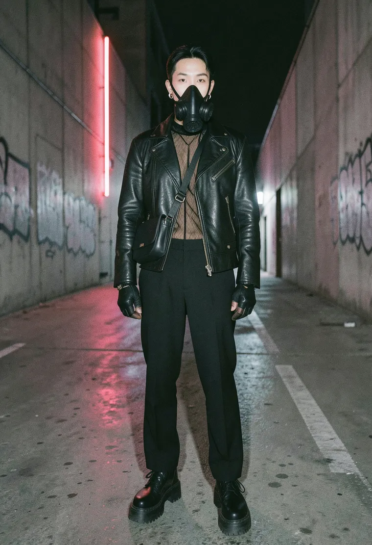 31-year-old non-binary Korean Berliner with a sharp cyberpunk edge (they/them), radiating quiet confidence and deep techno knowledge