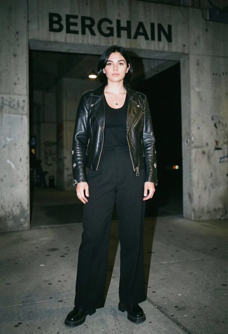 32-year-old queer woman of Turkish-German descent, regular at Berlin's underground techno scene for a decade, calm and unfazed, walks in like she owns the place