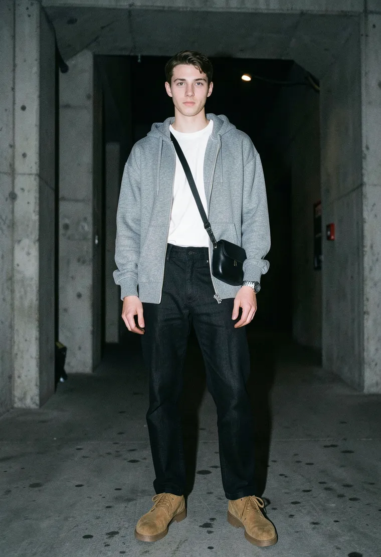 a 25-year-old lean queer Belarusian in a thin blouse, high-waisted jeans, and a gray hooded jacket, shy but real
