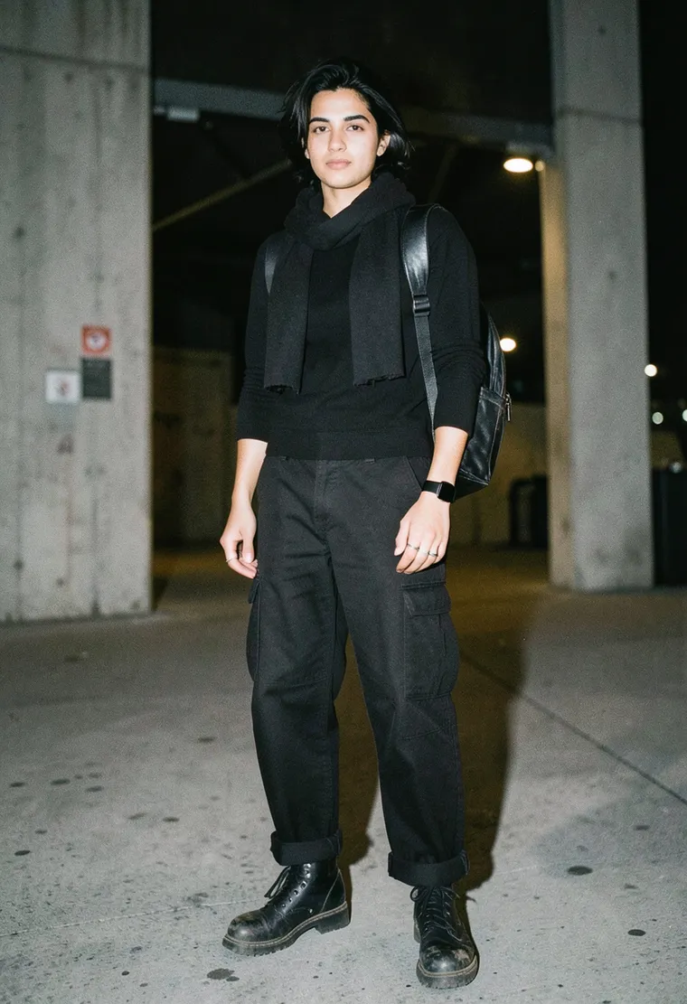 32-year-old non-binary person of Middle Eastern descent, a longtime techno devotee with an effortless, slightly androgynous edge—think 'I’ve been here since the 90s but still look like I run a vinyl-only label.'