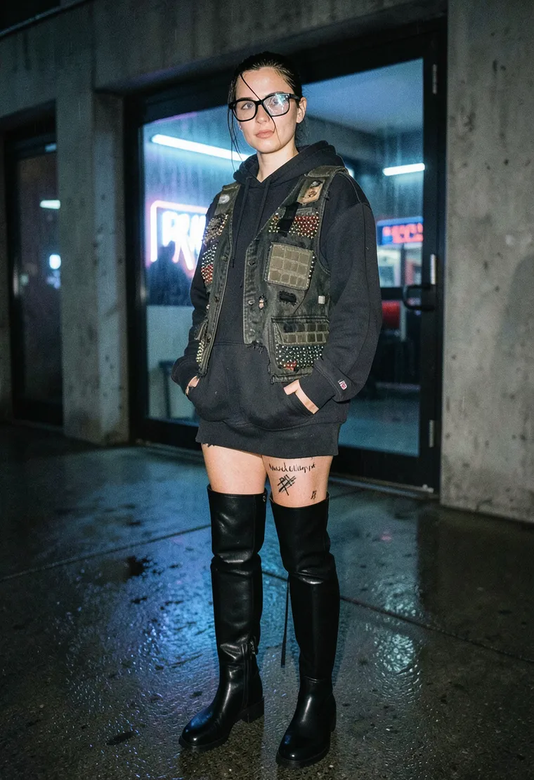 Sasha, 28, non-binary speaker of futsal misses and quieter techno tracks, wears their Black Panther/industrial makeup as a political tool, builds a chaotic Berlin rave crew through late-night discard-trashbed collaborations—always has a DIY sticker and a voice memo of a new techno diamond