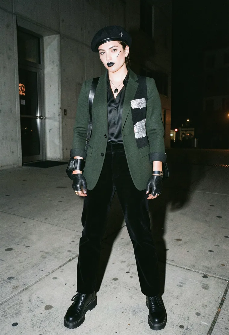 A 32-year-old queer, Berlin-based industrial designer with a cyberpunk edge—half-Italian heritage, sharp wit, and a body that moves like a machine humming at 110%—wearing a suit that’s been patched with circuit-board remnants and a face that says ‘I’ve been here before’