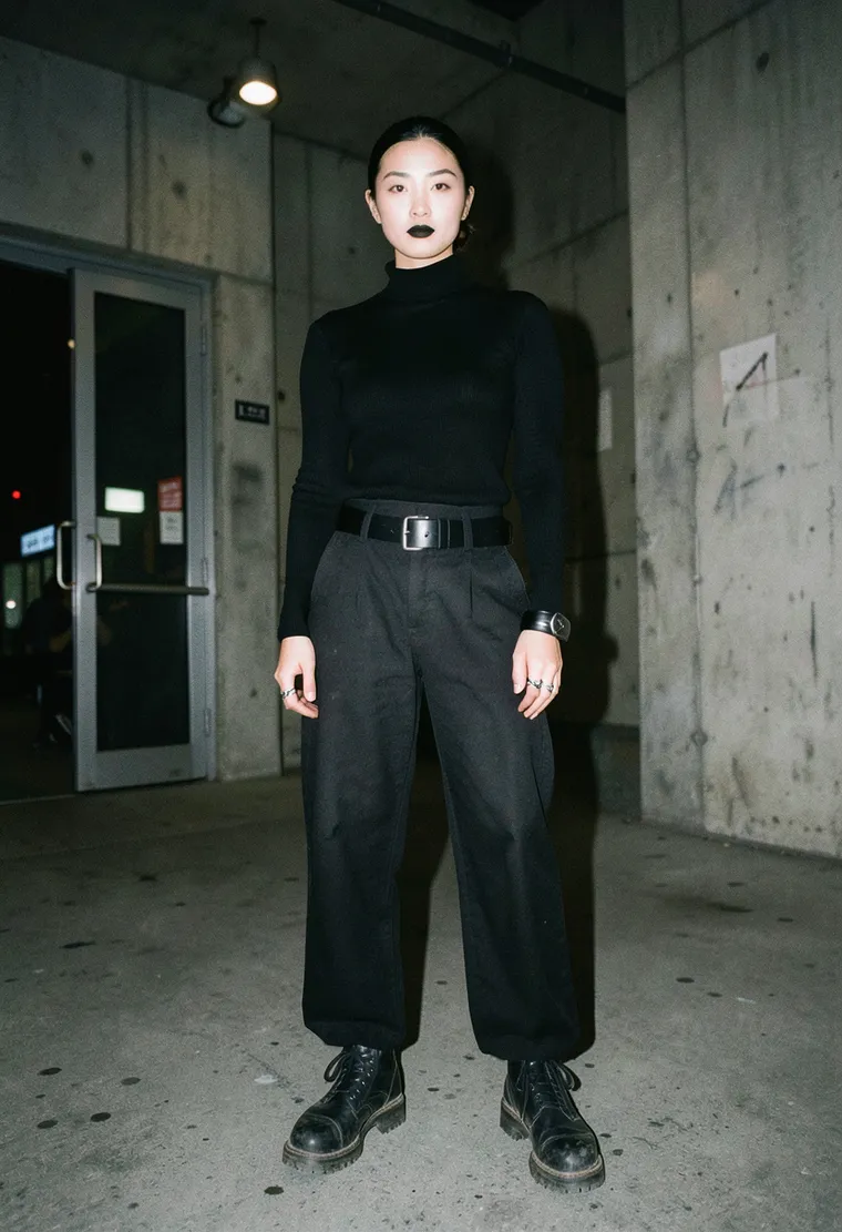 A 32-year-old non-binary person of mixed East Asian and European descent, exuding an air of effortless cool and underground techno credibility.