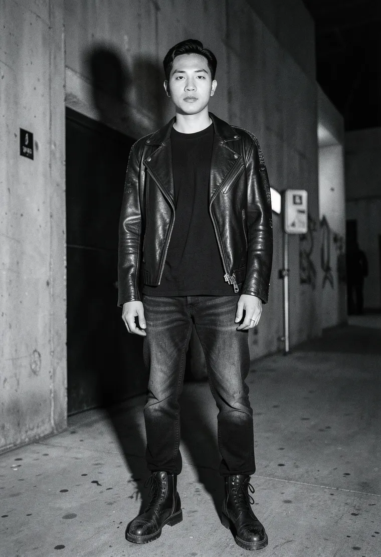 A composed 30-something non-binary techno enthusiast of Southeast Asian descent, radiating calm intensity.