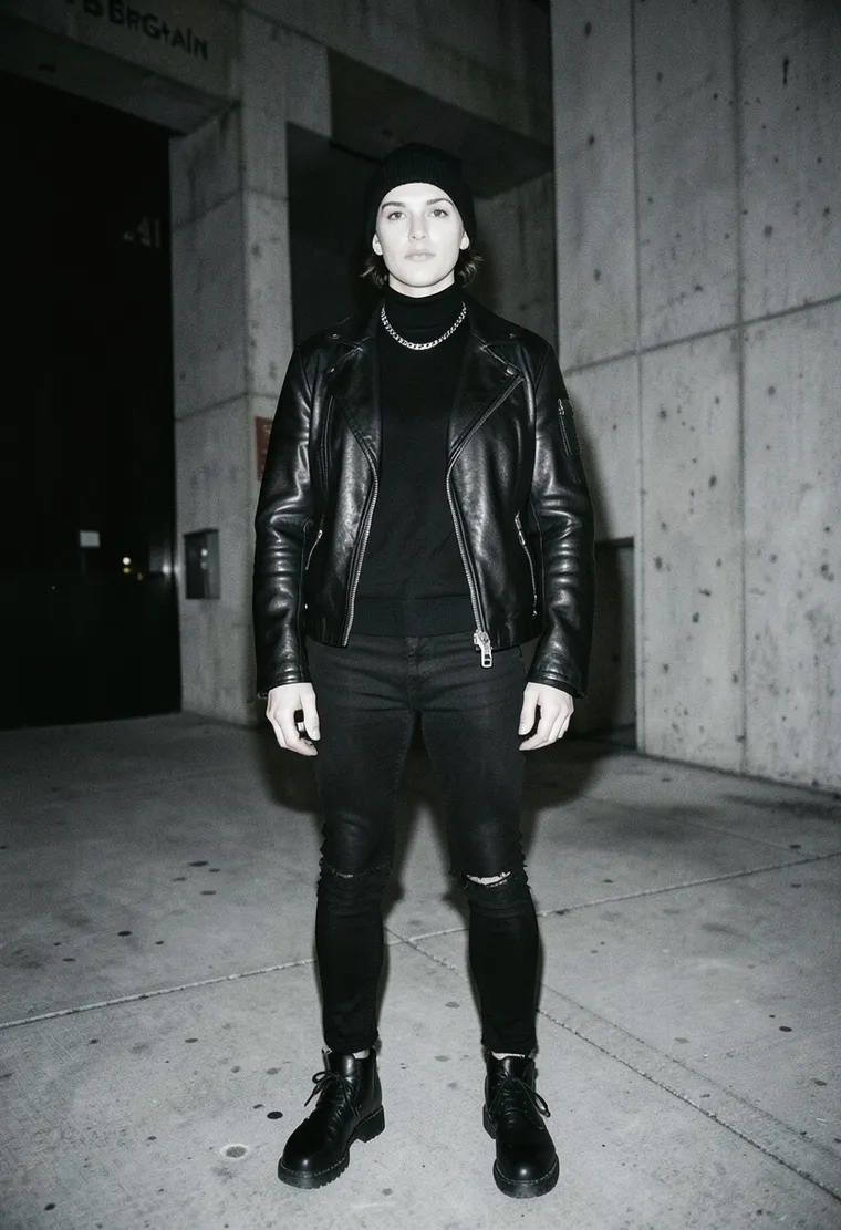 A 35-year-old androgynous Berliner with a sleek cyber-punk aesthetic, exuding a calm, confident energy