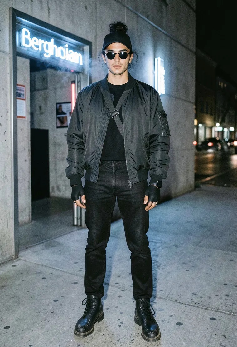 34-year-old mixed-race Berlin-born nonbinary person, queer nightlife veteran, calm but visibly experienced, carries an aura of having been around the block (but not the part where you do shots in a giant bear costume).