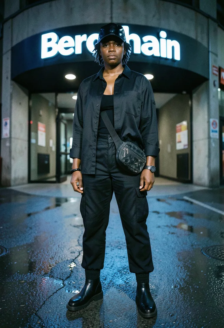 37-year-old Black non-binary trans woman, afro-locs, deadpan stare, Berlin flâneur energy, has been catching sets in Mitte since before most tourists knew where it was