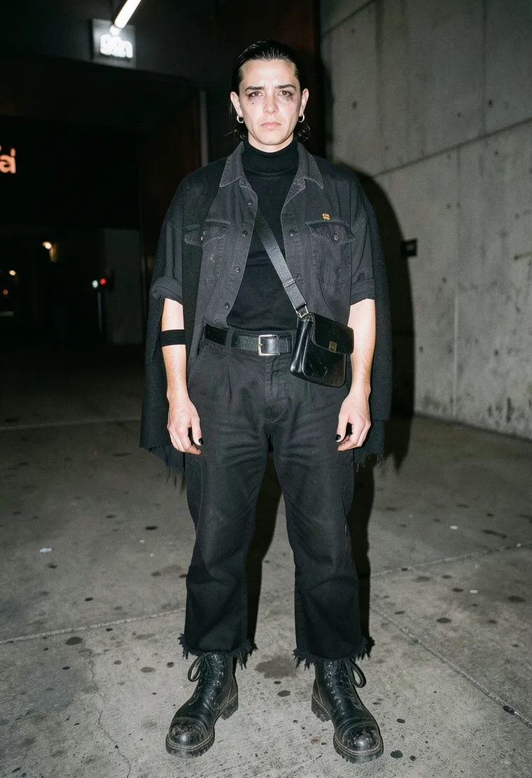 47-year-old Romanian-Berliner non-binary lighting tech with buzzed sides and the unbothered stillness of someone who has already been inside since Friday