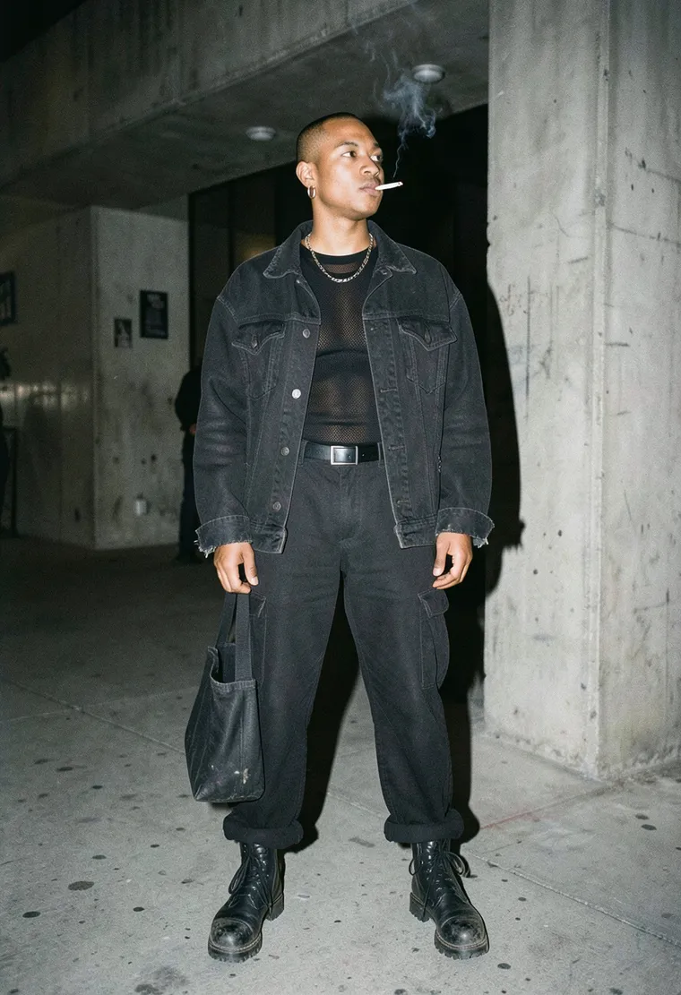 28-year-old mixed-race queer techno regular, shaved head with a single silver hoop, calm smoker's posture, knows half the door staff by nod