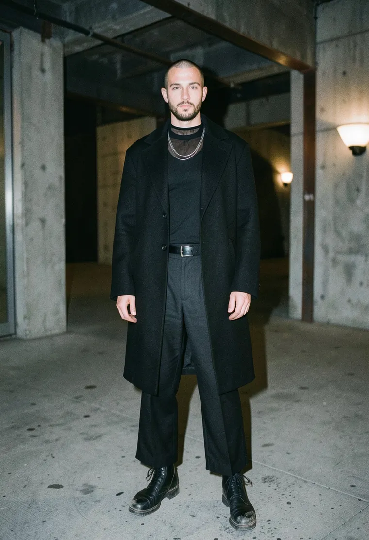 31-year-old Polish queer multidisciplinary artist, shaved head with dark stubble, sharp androgynous features, dressed in black layers, standing still in the queue like they've already been inside a hundred times