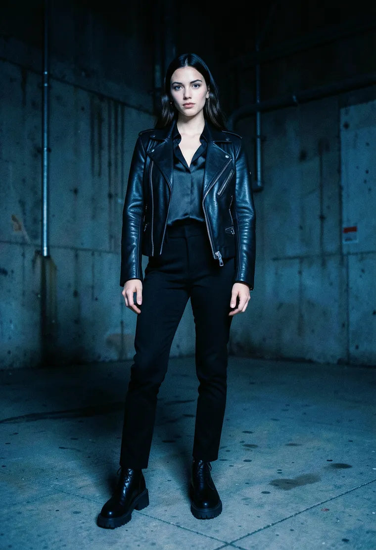 30-year-old androgynous German techno purist with pristine black hair and intense dark eyes, projecting minimalist cool