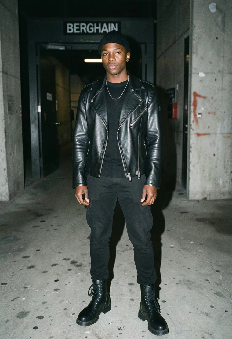 28-year-old non‑binary Black techno enthusiast with a sharp undercut, calm confidence and underground cred