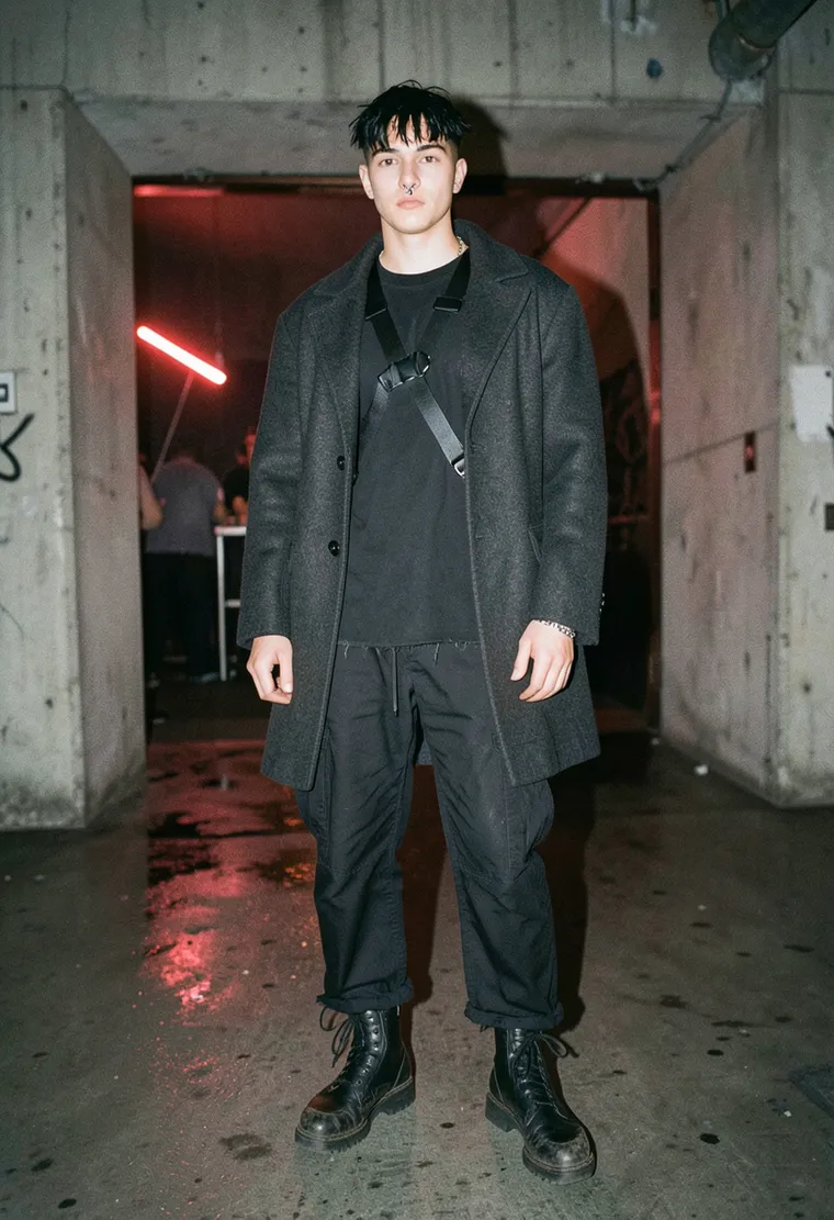 27-year-old non-binary queer techno head, German-Polish heritage, sharp cheekbones, shaved sides with messy black fringe, pierced septum, moves like they've been dancing since 2am Thursday